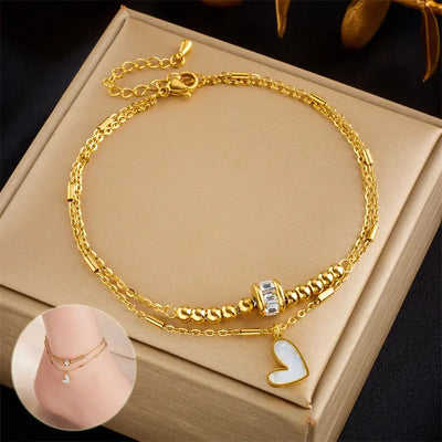 Fashion Jewelry Boho Classic Love Heart Ankle Chain Double Layer Chain Bracelet Anklet Charm Tassel Leg Chain On Foot Chain Women Party Jewelry Accessories Alien Treasure Shop