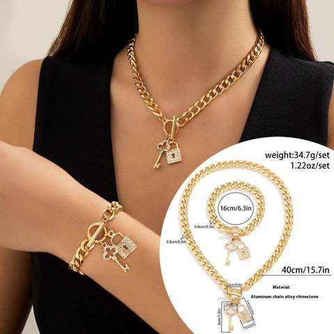 Thick Chain With Shiny Lock And Key Pendant Necklace For Women Trendy Ladies Accessories On The Neck Fashion Jewelry Female - Alien Treasure Shop